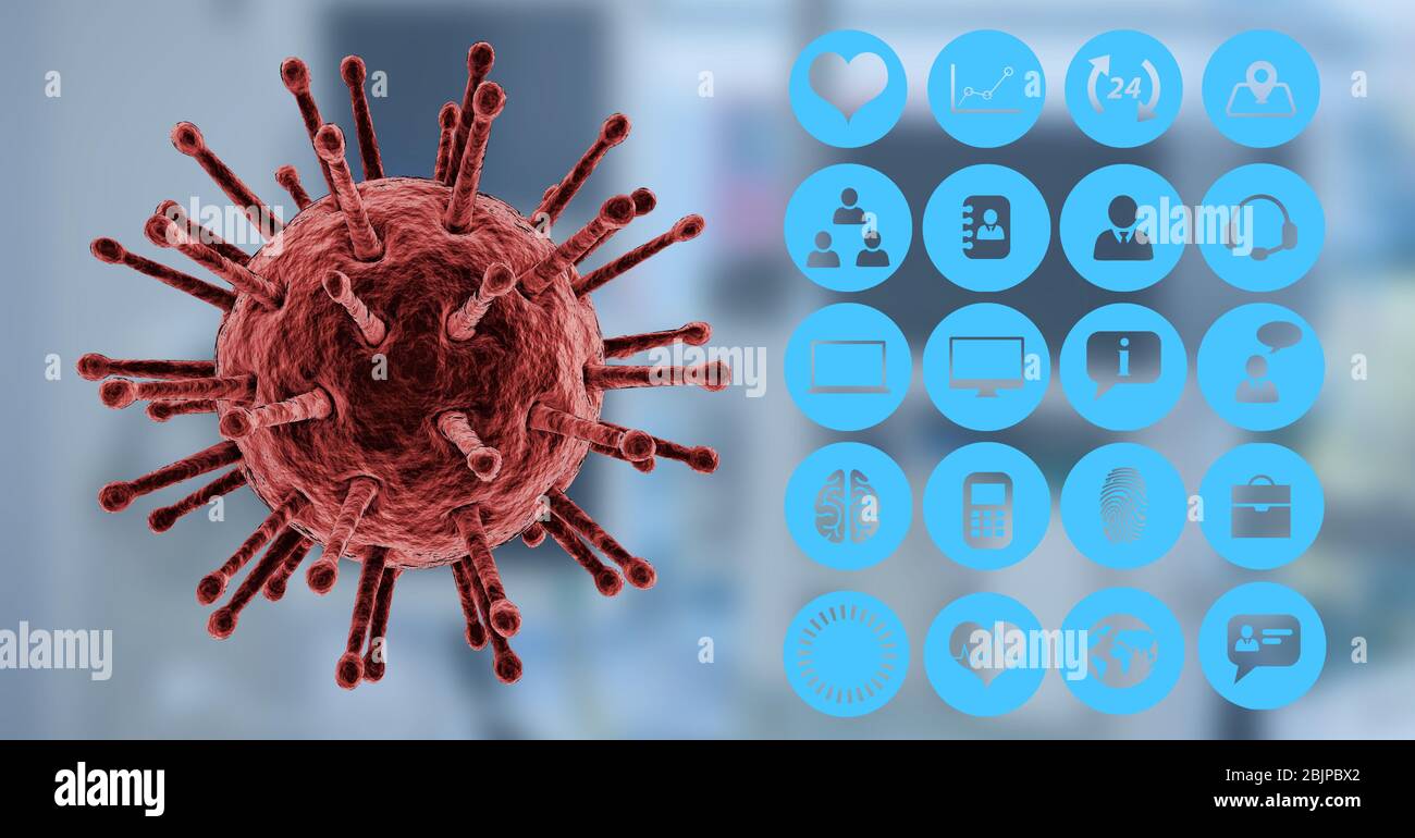 Digital illustration of macro Coronavirus Covid-19 cell and social icons Stock Photo