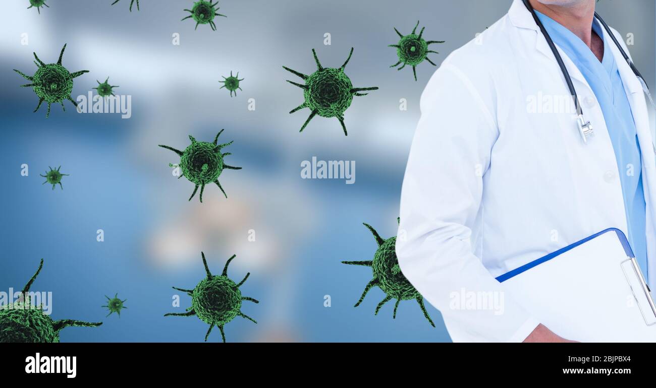 Digital illustration of a doctor holding a file of papers over macro Coronavirus Covid-19 cells floa Stock Photo