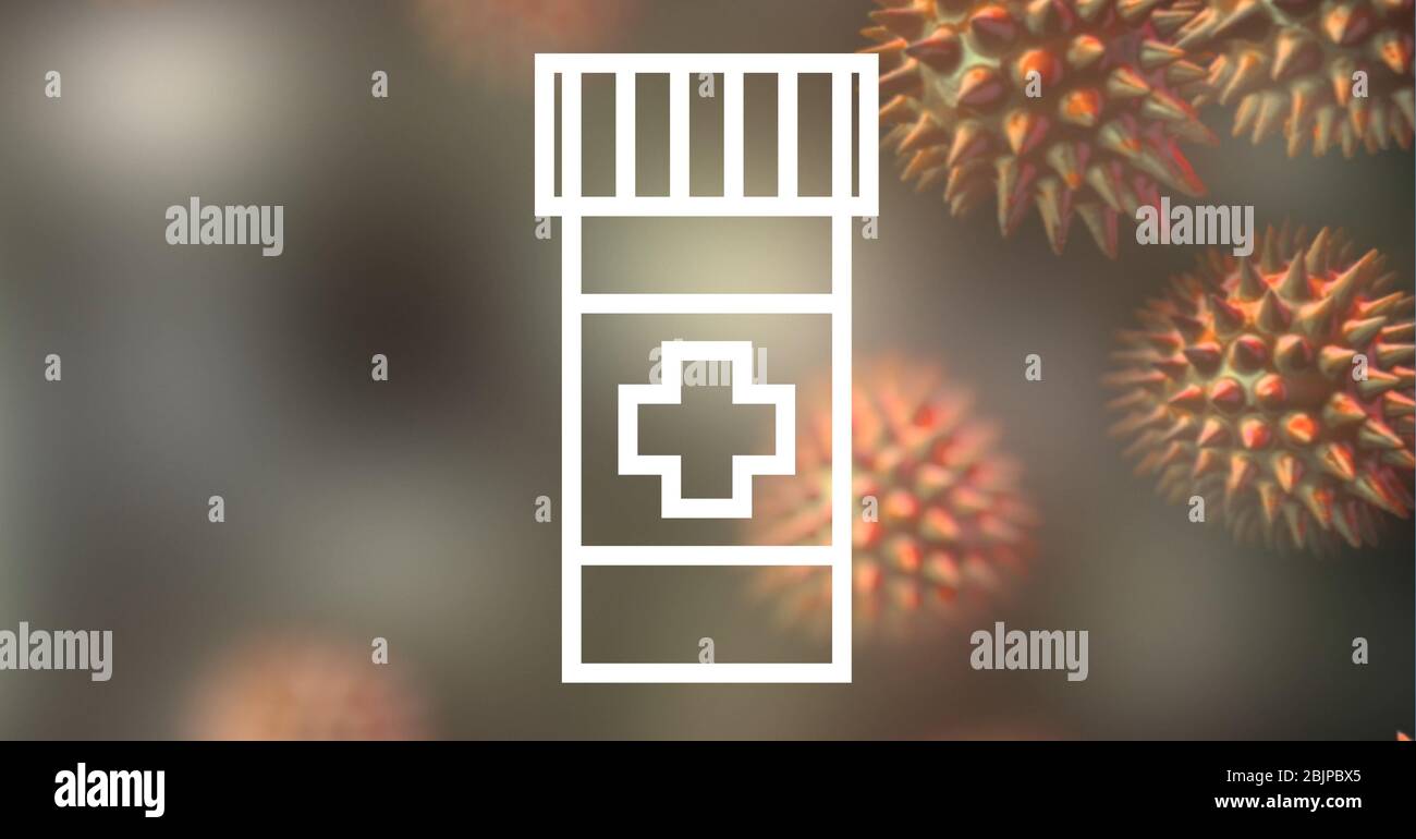 Digital illustration of a jar of medical pills over macro Coronavirus Covid-19 cells Stock Photo