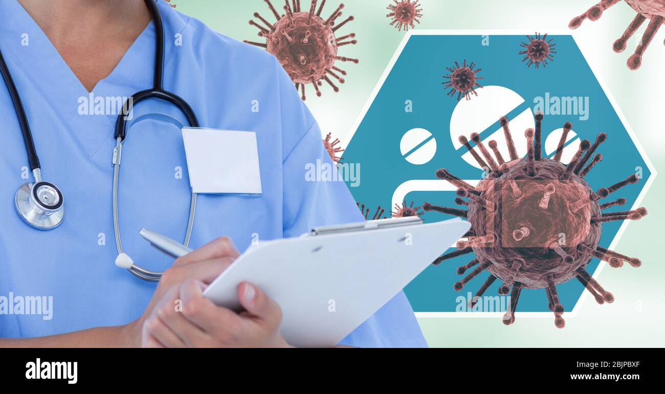 Digital illustration of a doctor holding a file of papers over a pill sign with macro Coronavirus Co Stock Photo