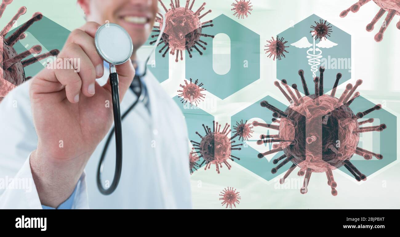 Digital illustration of doctor holding a stethoscope over macro Coronavirus Covid-19 cells floating Stock Photo