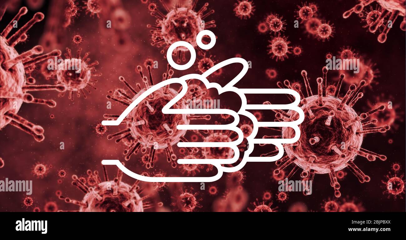 Digital illustration of a washing hands sign over Coronavirus Covid=19 cells spreading in background Stock Photo