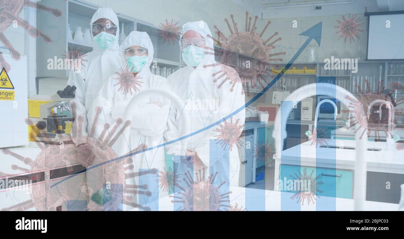 Digital illustration of three scientists wearing coronavirus Covid19 mask in lab over macro cells fl Stock Photo