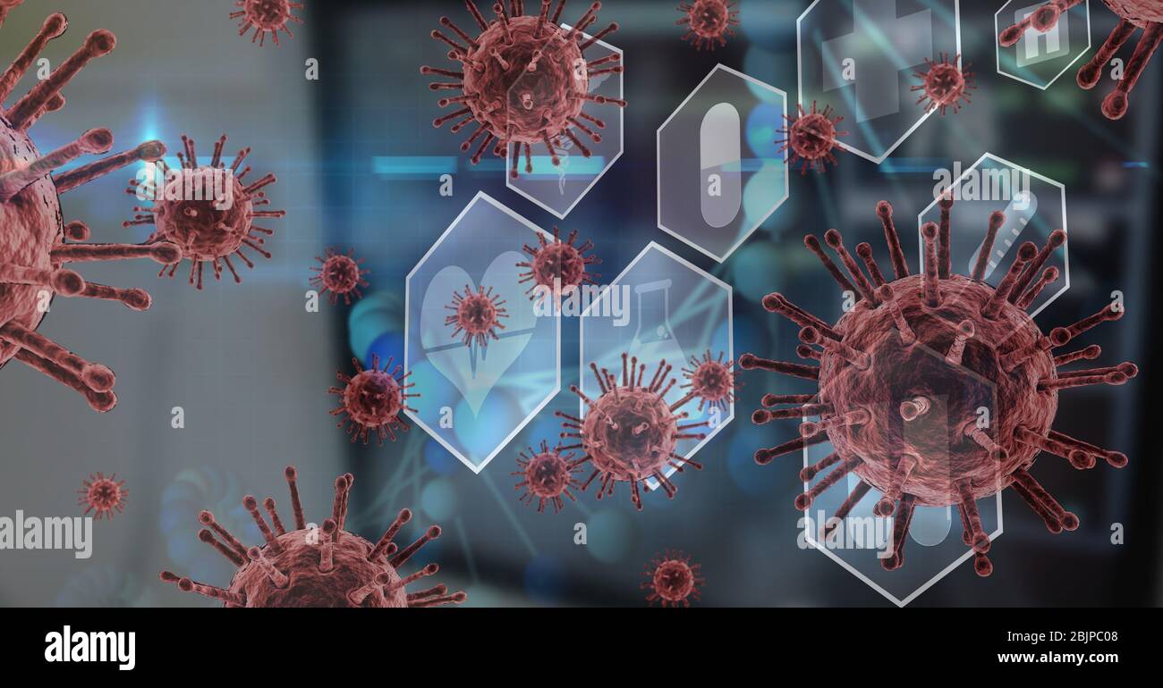 Digital illustration of macro Coronavirus Covid-19 cells floating And medical icons Stock Photo