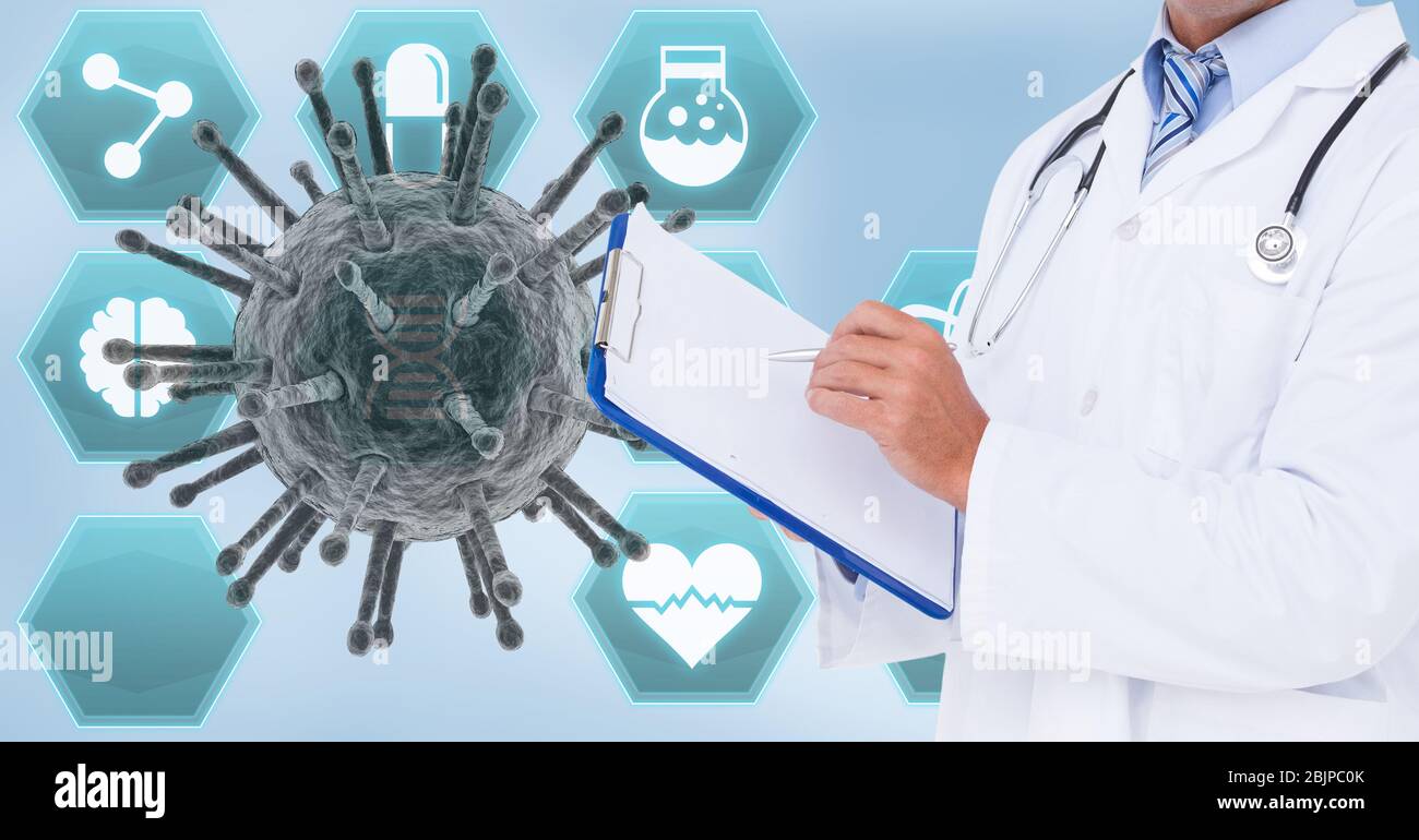 Digital illustration of a doctor holding over macro Coronavirus Covid-19 cell Stock Photo