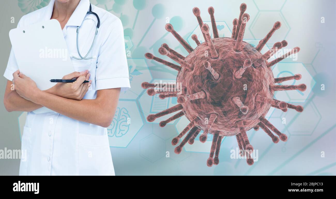 Digital illustration of a doctor with macro Coronavirus Covid-19 cell over medical icons Stock Photo