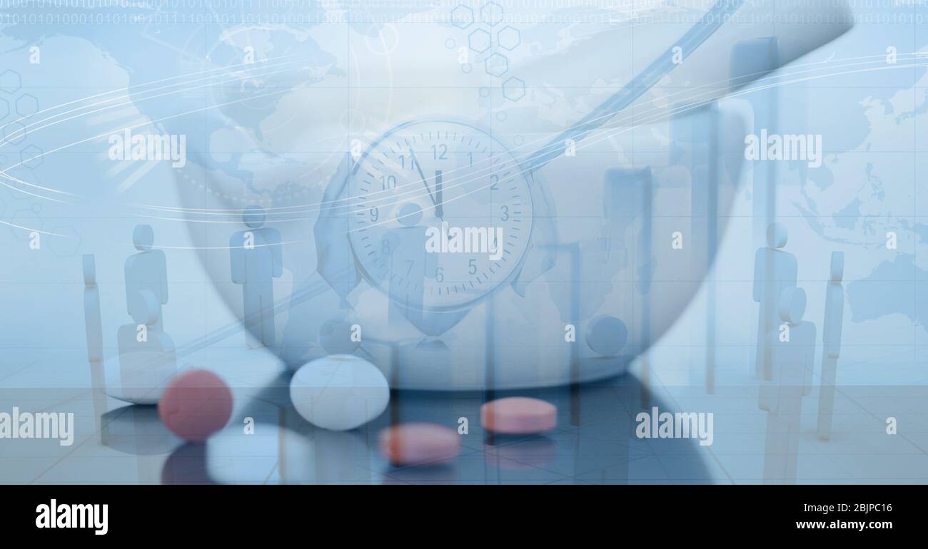 Digital illustration of medical pills lying on a table with clock over a globe Stock Photo