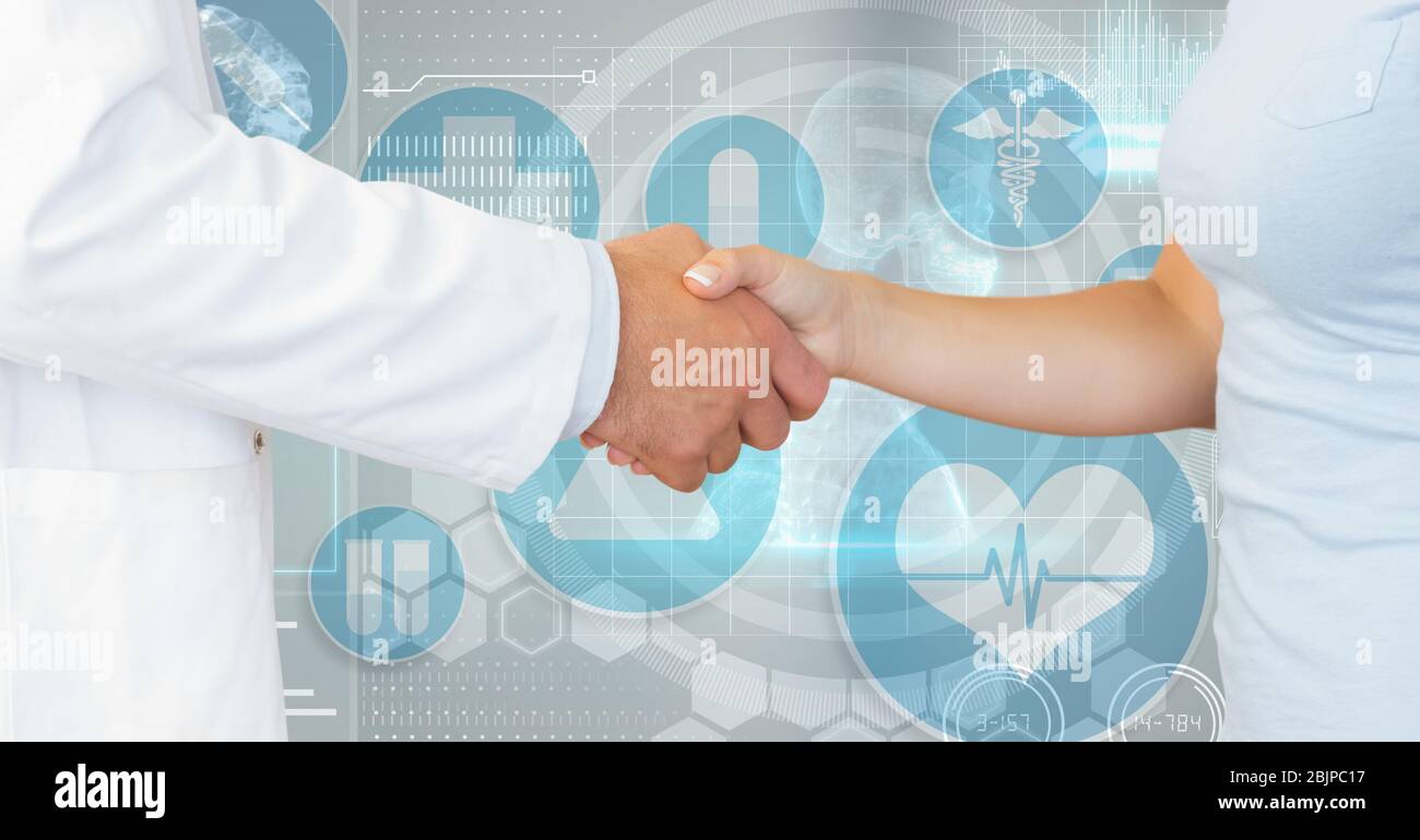Digital illustration of a doctor and a patient shaking hands over medical icons during coronavirus c Stock Photo