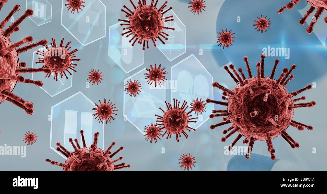 Digital illustration of macro Coronavirus Covid-19 cells floating over medical icons Stock Photo