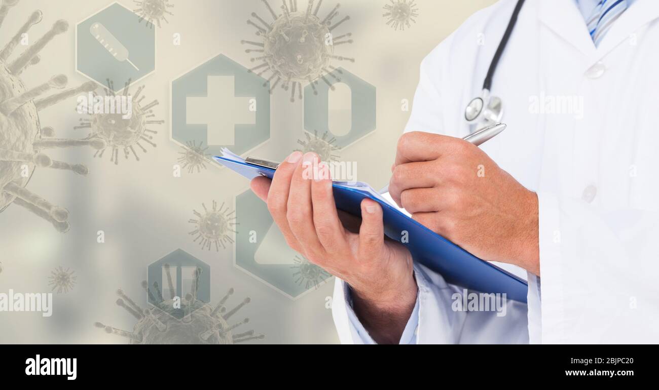 Digital illustration of a doctor holding a file of papers over macro Coronavirus Covid-19 cells and Stock Photo