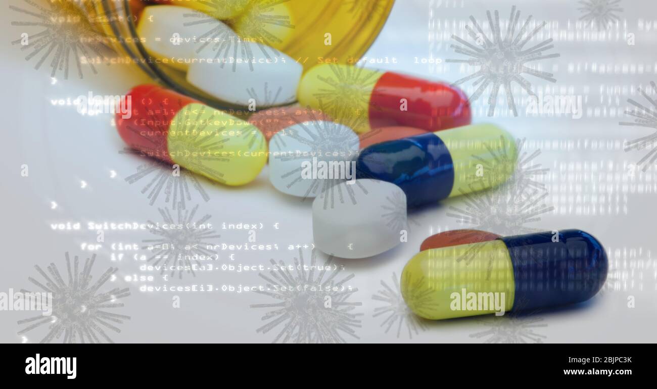 Digital illustration of medical pills lying outside a jar over macro Coronavirus Covid-19 cells floa Stock Photo