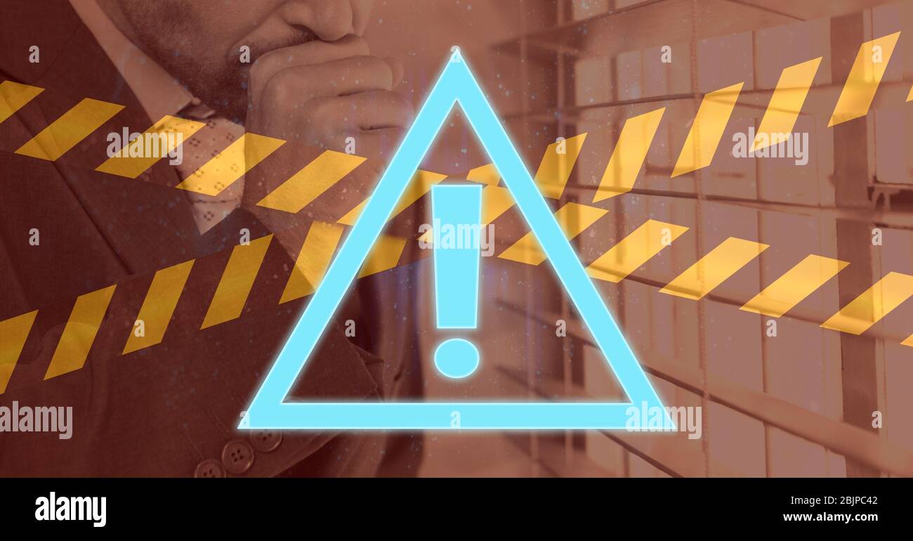 Digital illustration of blue warning sign with yellow and black tapes making a cross over a man coug Stock Photo
