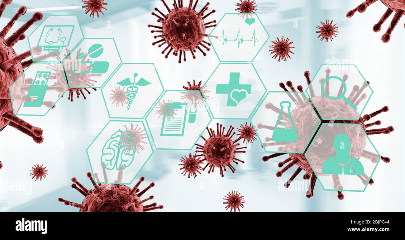 Digital illustration of macro Coronavirus Covid-19 cells and medical icons floating Stock Photo