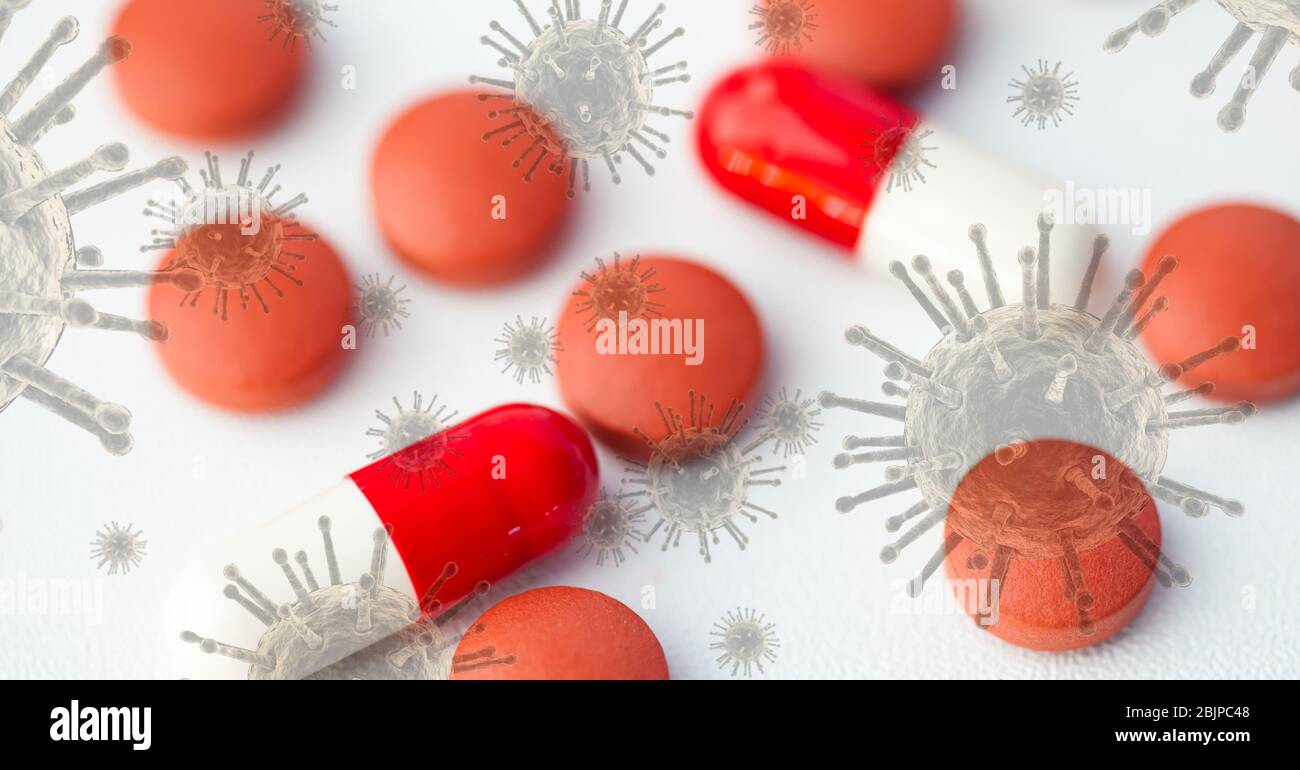 Digital illustration of medical pills lying on a table over macro Coronavirus Covid-19 cells floatin Stock Photo
