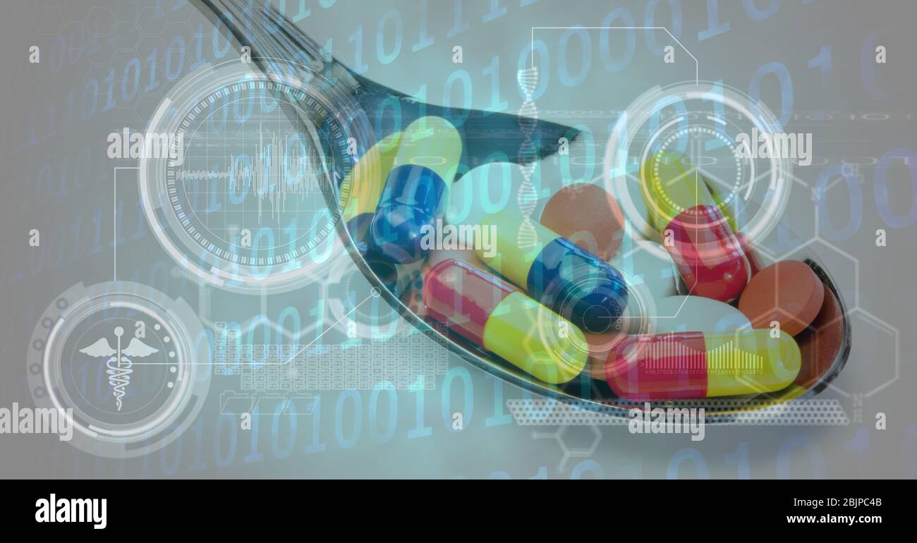 Digital illustration of a spoon full of medical pills over data processing, statistics showing Stock Photo