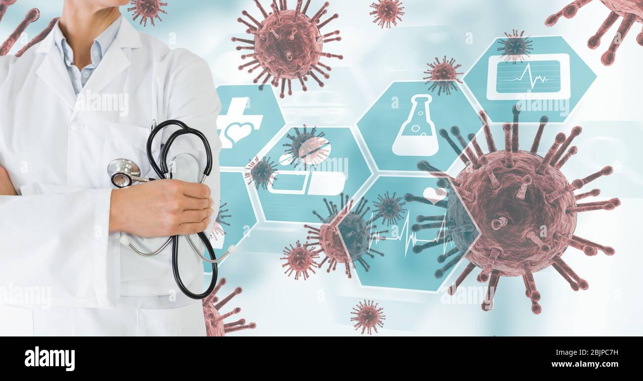Digital illustration of a doctor holding a stethoscope over macro Coronavirus Covid-19 cells and med Stock Photo
