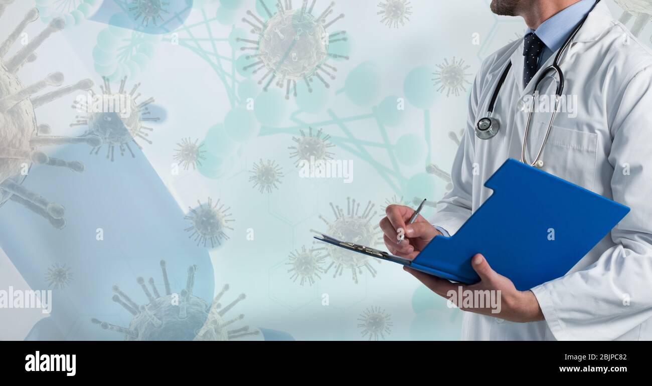 Digital illustration of a doctor holding a file of papers over macro Coronavirus Covid-19 cells floa Stock Photo