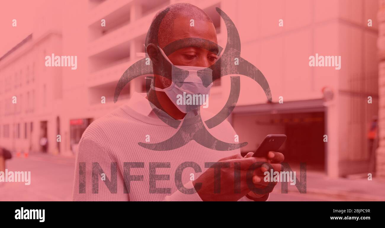 Digital illustration of a hazard sign with a word Infection under it over a man wearing a face mask Stock Photo