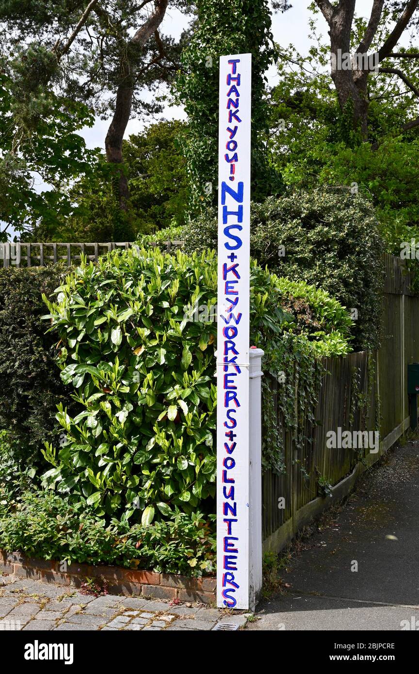 Coronavirus Pandemic. A message thanking the NHS  key workers and volunteers was attached to the entrance of a residential property. Sidcup, Kent. UK Stock Photo