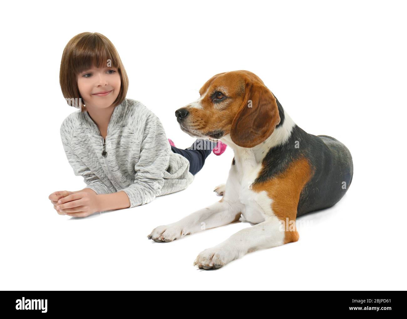 Cute little girl with dog on white background Stock Photo - Alamy