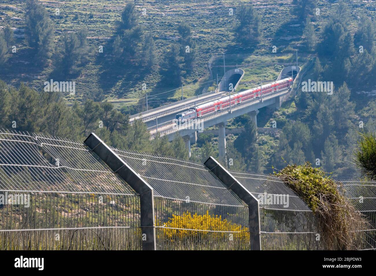 The fast train from Jerusalem to Tel Aviv, Israel, passing just outside