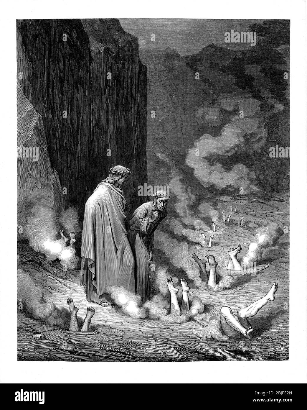 From the Divine Comedy by 14th century Italian poet Dante Alighieri. 1860 artwork, by French artist Gustave Dore and engraved by Stephane Pannemaker, from 'The Vision of Hell' (1868), Cary's English translation of the Inferno. Dante wrote his epic poem 'Divina Commedia' (The Divine Comedy) between 1308 and his death in 1321. Consisting of 14,233 lines, and divided into three parts (Inferno, Purgatorio, and Paradiso), it is considered the greatest literary work in the Italian language and a world masterpiece. It is a comprehensive survey of medieval theology, literature and thought. The new non Stock Photo