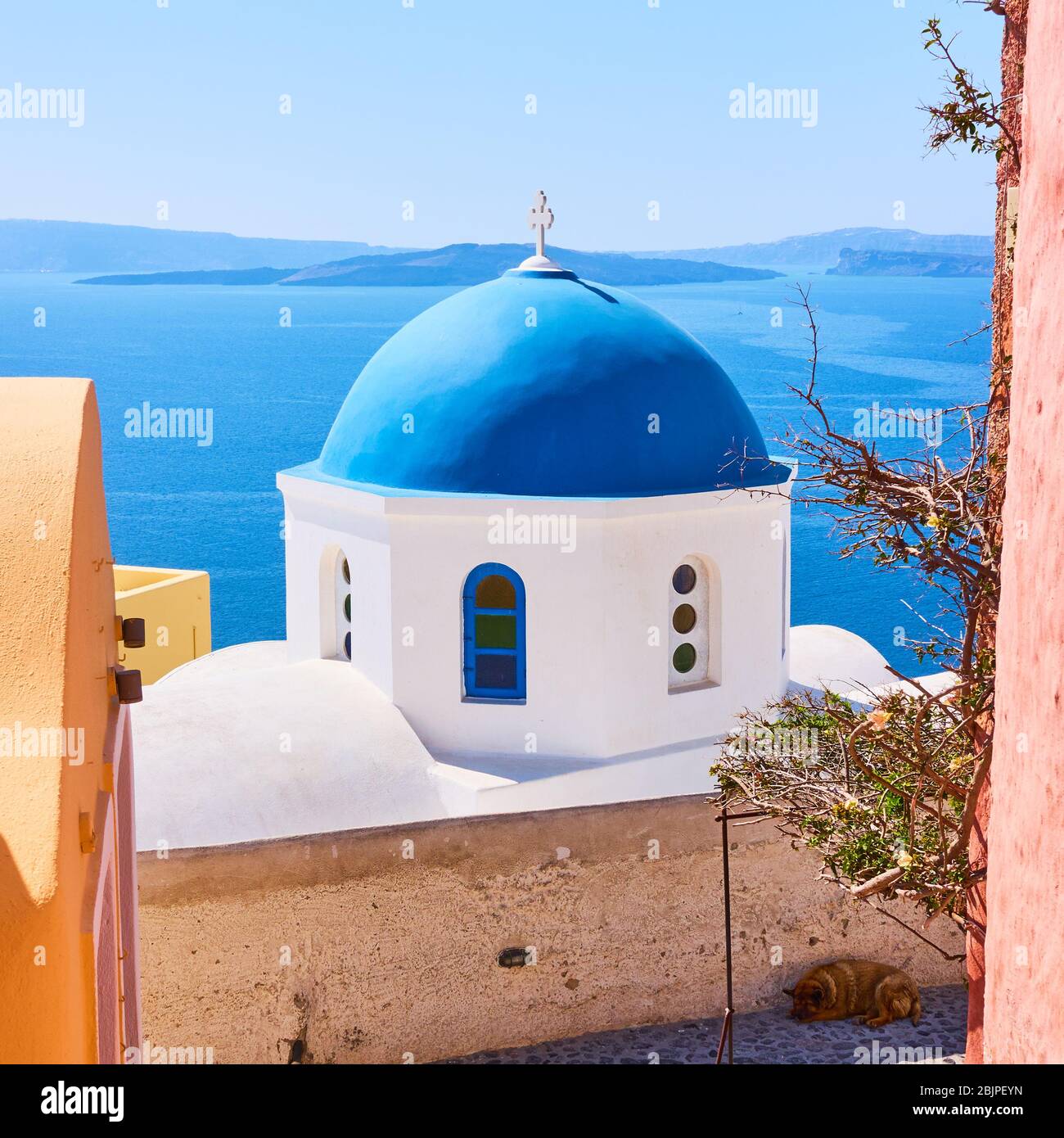Greek orthodox church with blue dome by the sea in Oia town in Santorini island, Greece Stock Photo