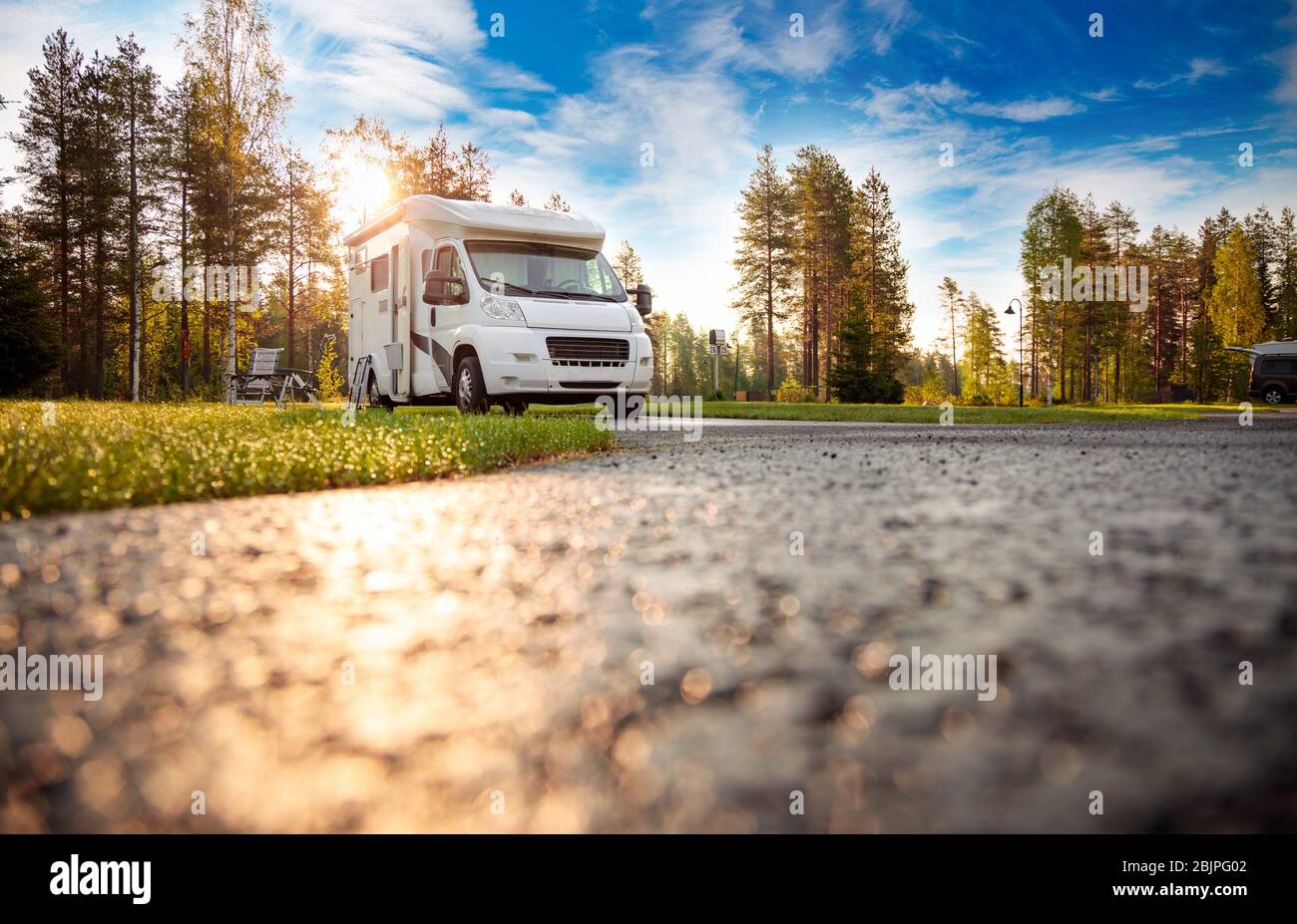 Family vacation travel RV, holiday trip in motorhome, Caravan car Vacation. Stock Photo