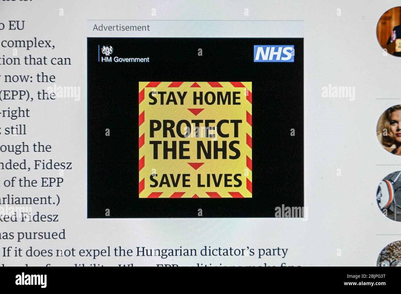 Covid/ Coronavirus. UK government public health advert 'Stay home, Protect the NHS, Save lives'. Stock Photo