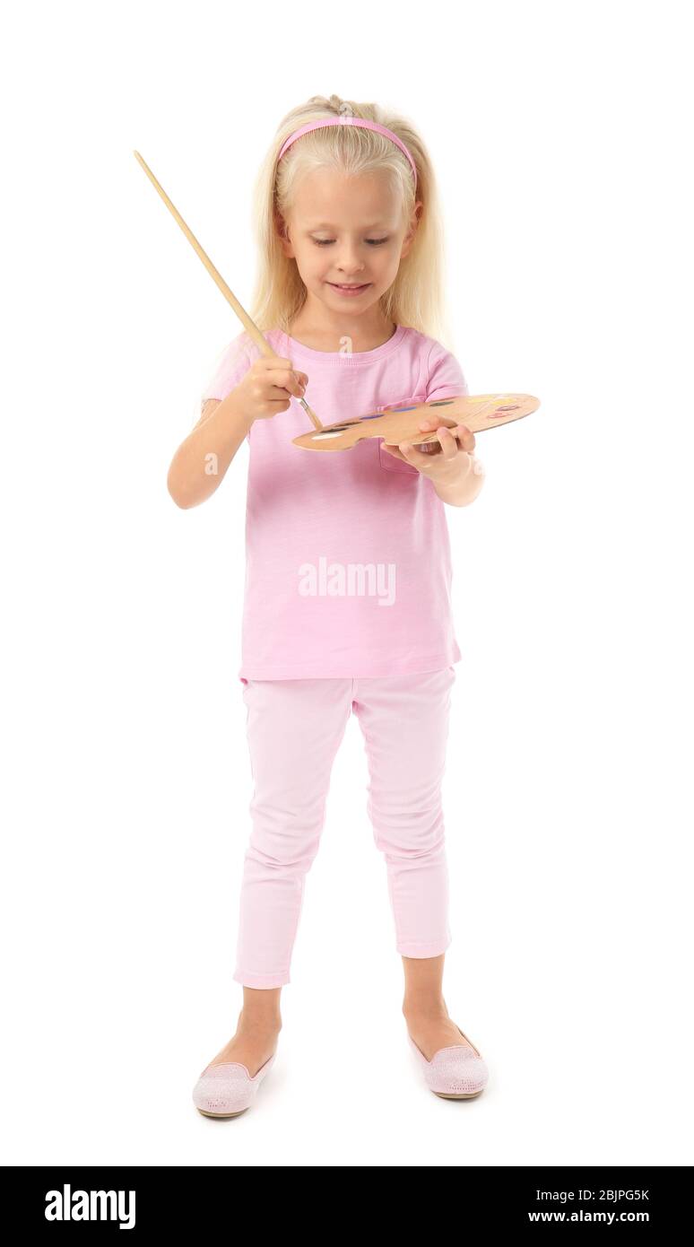 Cute little girl with palette and brush for painting, on white ...