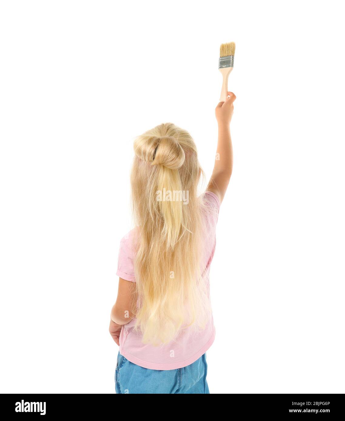 Cute little girl with brush on white background Stock Photo - Alamy