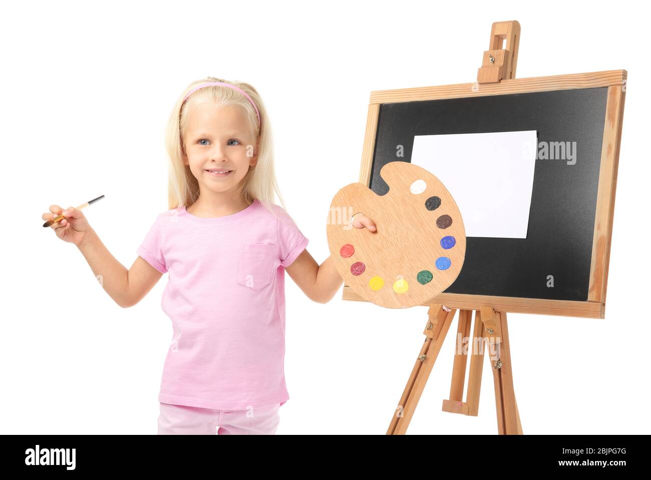 Cute little girl with palette, brush and easel for painting, on white ...