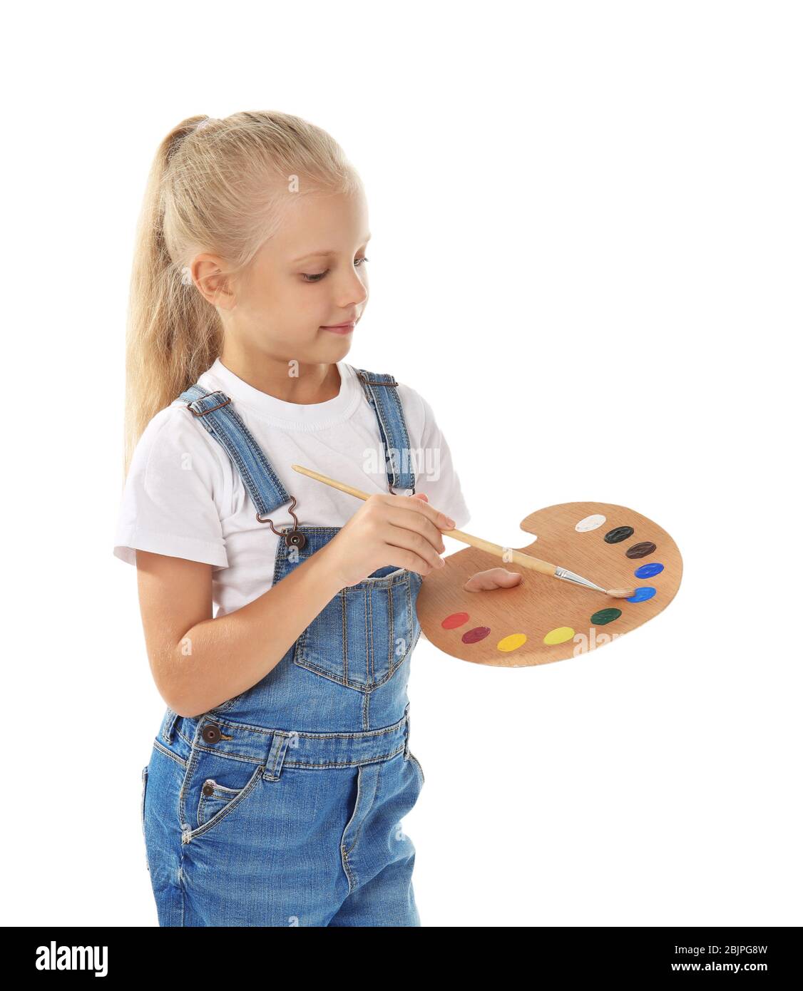 Cute little girl with palette and brush for painting, on white ...