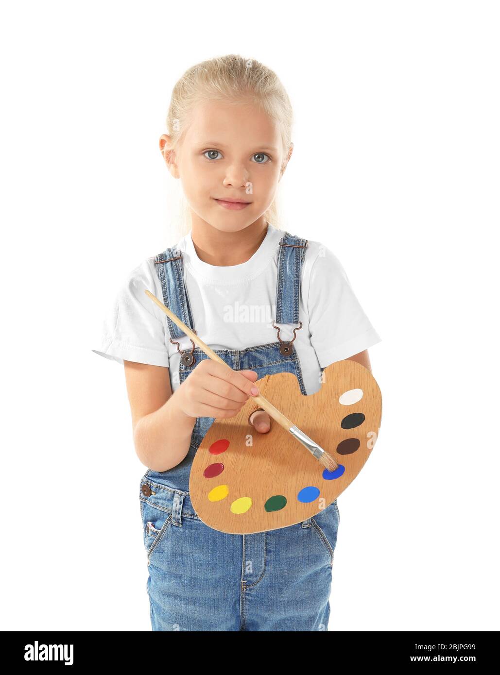 Cute little girl with palette and brush for painting, on white ...