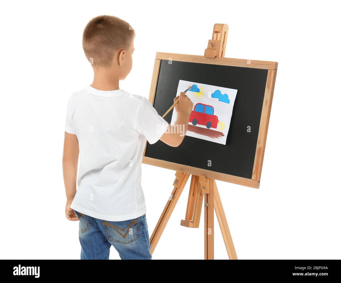 Cute Little Boy Painting Picture Against White Background Stock Photo Alamy