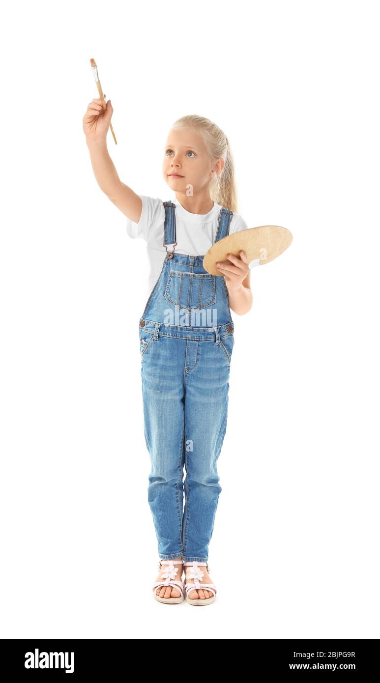 Cute little girl with palette and brush for painting, on white ...