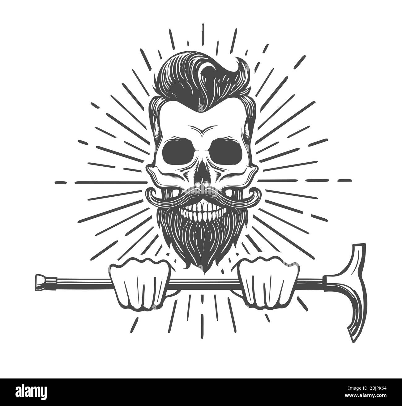 Human Skull with mustache and beard holds walking stick. Vector illustration. Stock Vector