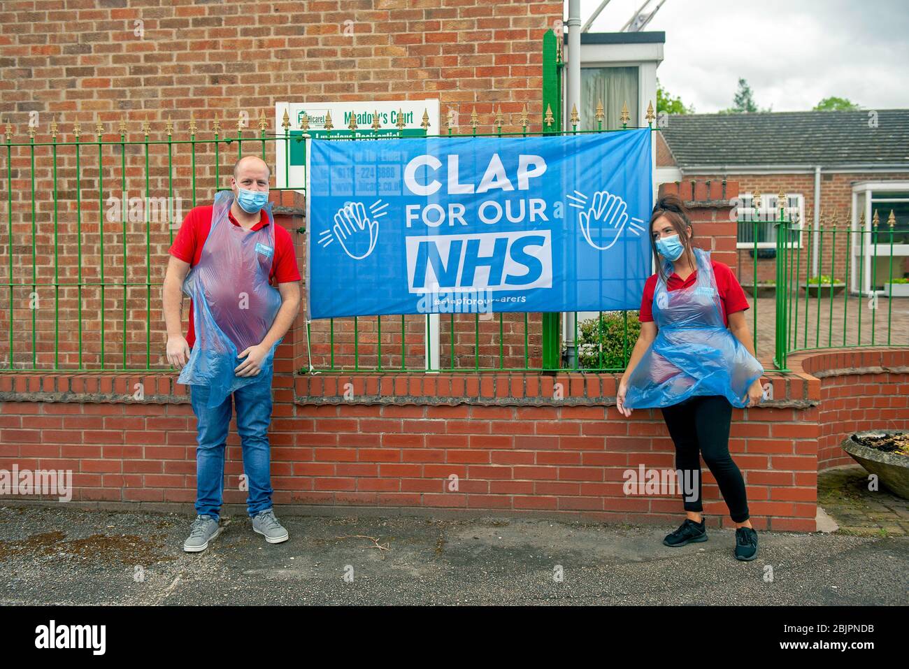 Key Worker Care Workers outside Meadow's Court Care Home in Leicester. Clap for our carers and NHS during coronavirus lockdown Stock Photo