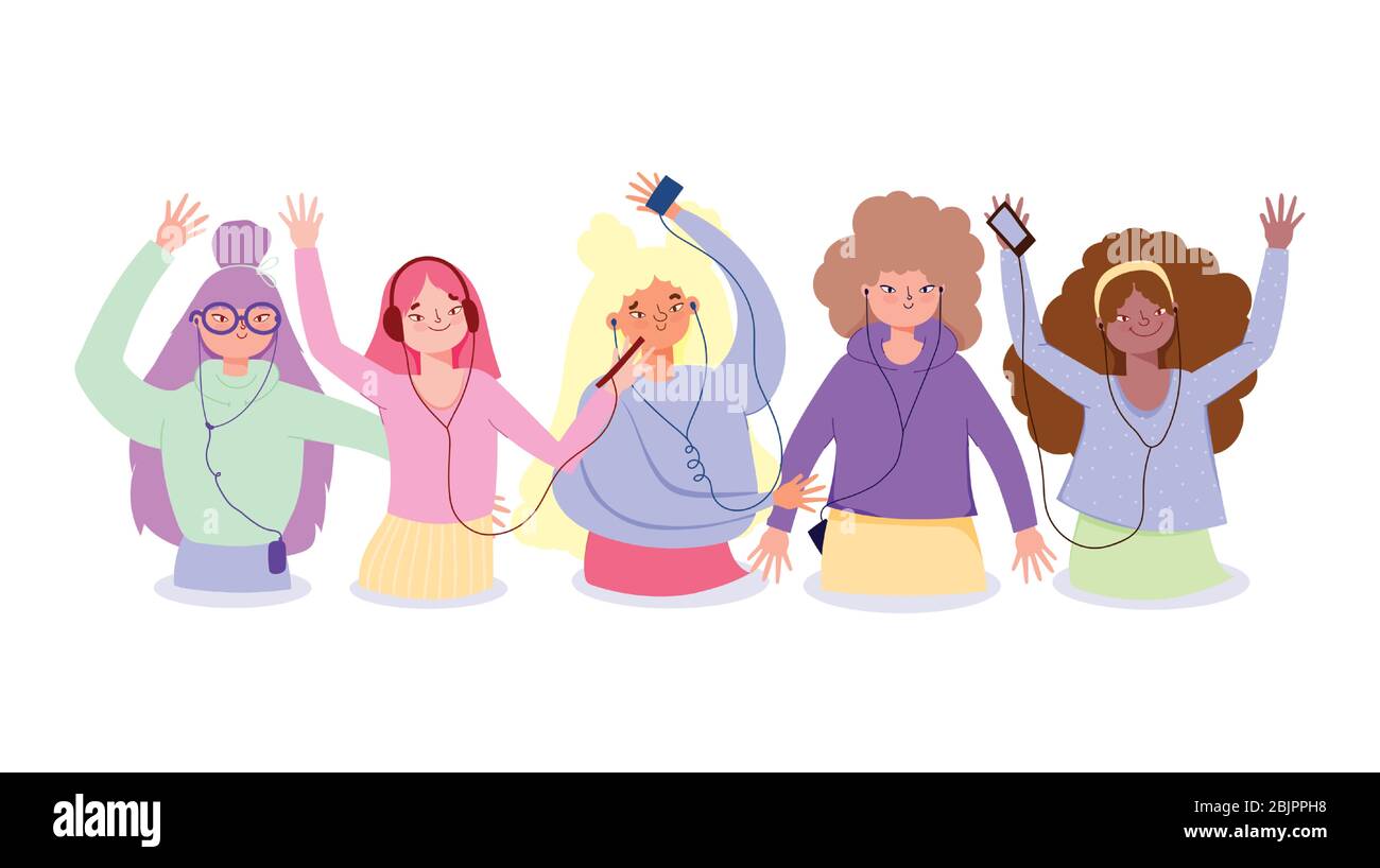 group girls listening music with smartphone through earphones vector illustration Stock Vector