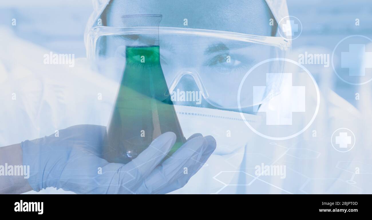 Digital illustration of a scientist wearing coronavirus covid19 mask holding a test tube Stock Photo