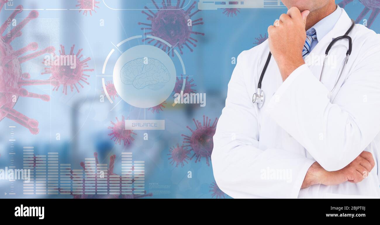 Digital illustration of a doctor touching his chin over macro Coronavirus Covid-19 cells floating Stock Photo