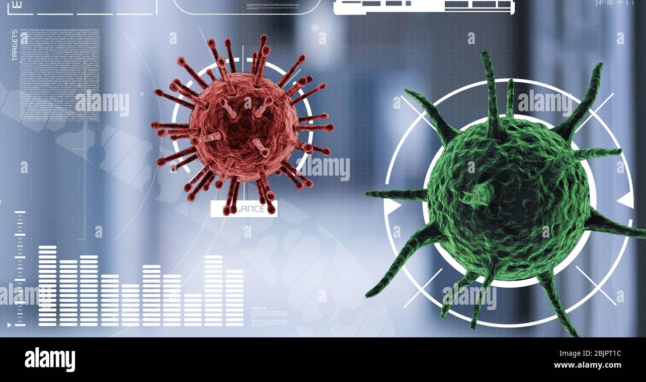 Digital illustration of two macro Coronavirus Covid-19 cells floating with scope scanning over data Stock Photo