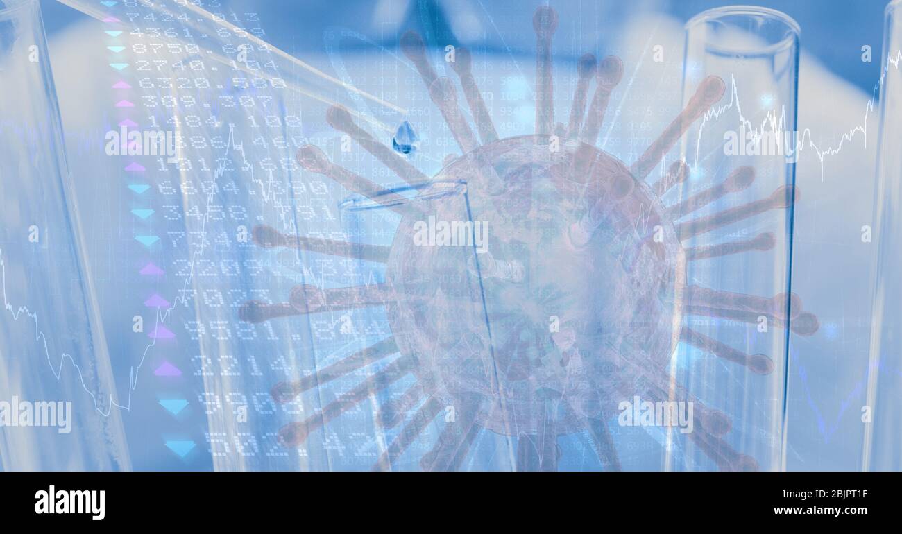 Digital illustration of macro Coronavirus Covid-19 cell over data processing Stock Photo