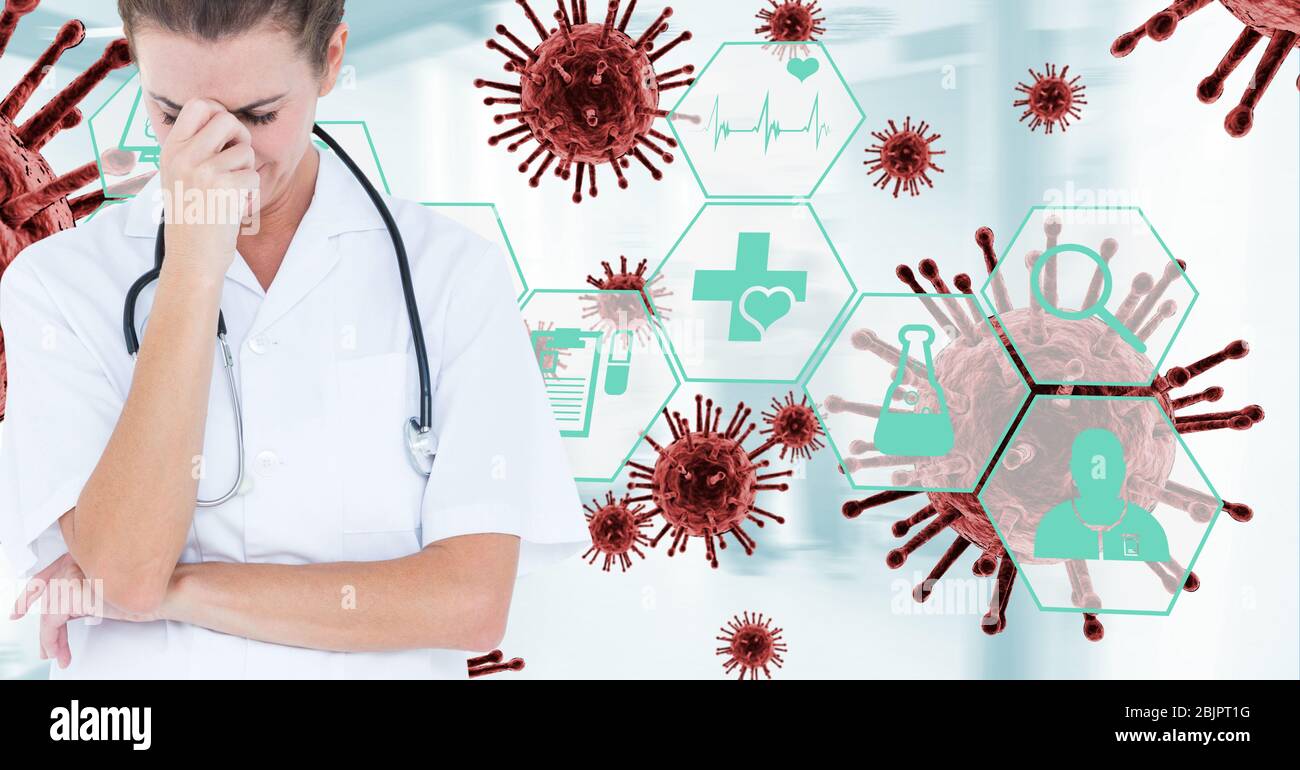 Digital illustration of a female doctor crying over macro Coronavirus Covid-19 cells and medical ico Stock Photo