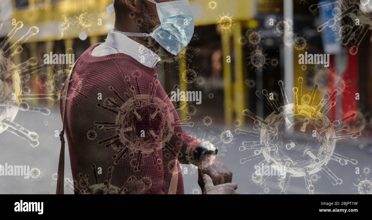 Digital illustration of a man wearing coronavirus covid19 mask In street over cells spreading Stock Photo