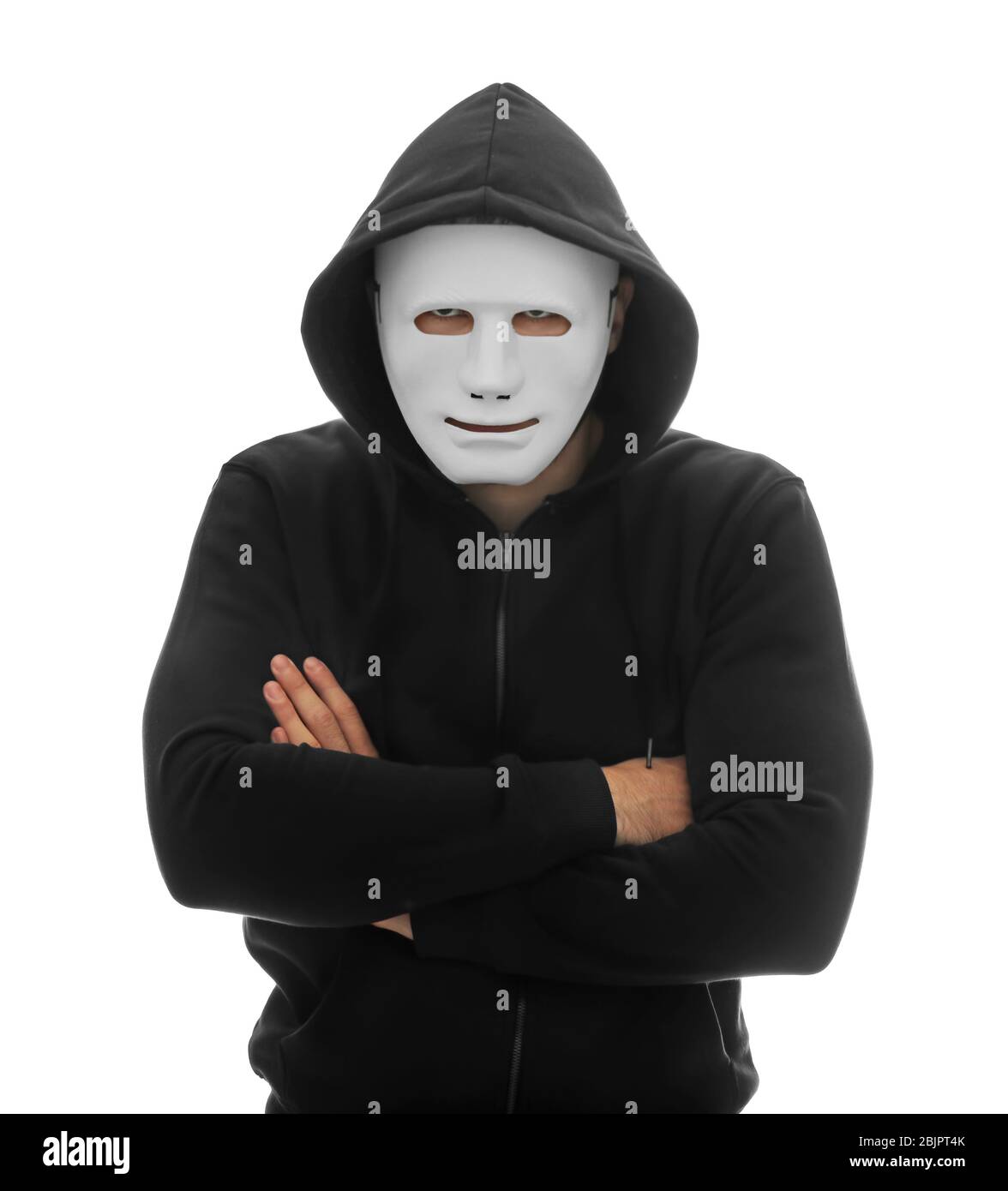 Hacker in mask on white background Stock Photo