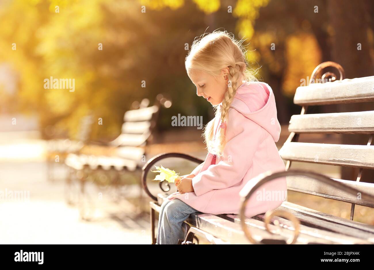 Cute little girl sitting on bench in autumn park Stock Photo - Alamy