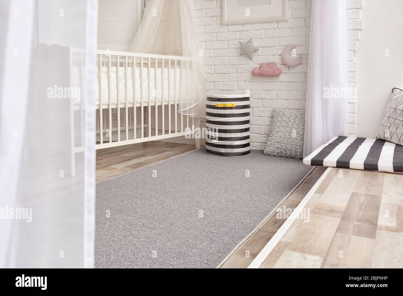 Child's room interior with grey carpet Stock Photo Alamy