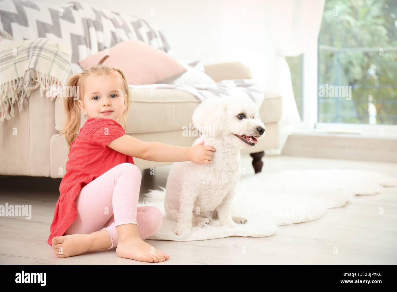 Adorable little girl with her dog at home Stock Photo - Alamy
