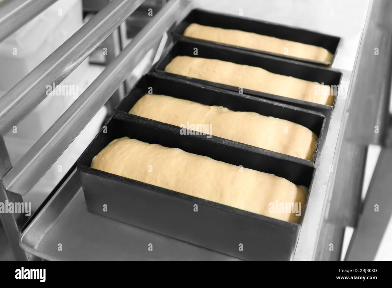 Loaf tins with uncooked bread in bakery Stock Photo Alamy